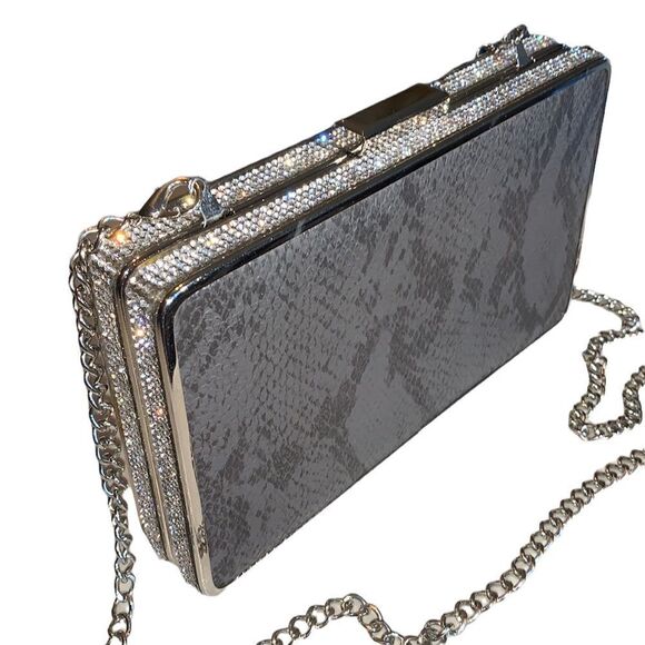 Starlet Silver and Gray Clutch Snake Print with Rhinestones and Crossbody Chain - Picture 3 of 10
